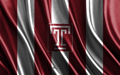 4k, Temple Owls logo, NCAA, red white silk texture, Temple Owls flag, American football club, silk flag, Temple Owls emblem, USA, Temple Owls badge, Temple Owls