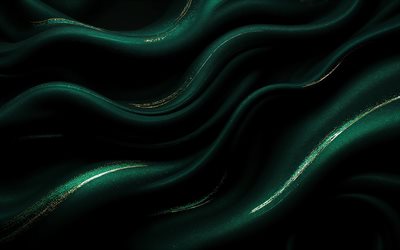 خلفية موجات خضراء فاخرة, 4k, خلفية خضراء أنيقة, خلفية خضراء مخملية, خلفية موجات خضراء مع عروق الذهب, نسيج الأمواج الخضراء, خلفية الأمواج