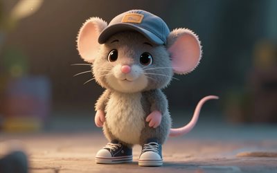 simpatico topo 3d, piccoli animali carini, roditori, topo, topo dei cartoni animati, topo con un berretto da baseball
