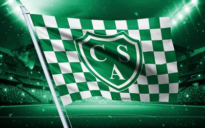 4k, logotipo do clube atlético sarmiento, clube de futebol argentino, bandeira do estádio, bandeira branca verde, emblema do clube atlético sarmiento, primeira divisão argentina, argentina, futebol, clube atlético sarmiento