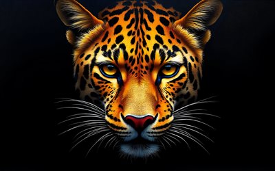 raubtiere blicken, leopard, wildkatzen, leopardengesicht, leopardenaugen, raubtiere, schwarzer hintergrund, leopard im dunkeln, leoparden