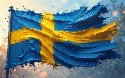 4k, bandera de suecia en el asta de la bandera, pintar arte, bandera de suecia, fondo grunge, bandera sueca, europa, ondas de tela bandera de suecia, bandera de suecia 3d, suecia