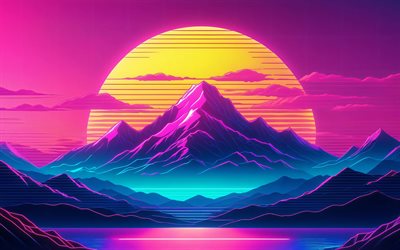 4k, paisajes abstractos, atardecer, luna, noche, montañas, creativo, arte de microondas, sintetizador futuro, microondas, fondos de naturaleza abstracta, paisajes de microondas, playa de microondas