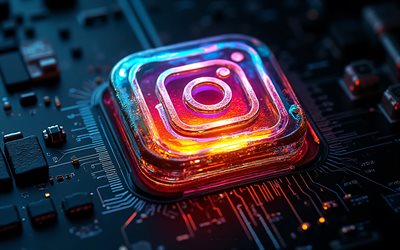 Instagram glowing logo, 4k, black motherboard, Instagram logo, Asus emblem, Instagram sign, gray technology background, Instagram