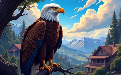 águila calva, paisaje de montaña, águila pintada, águila calva en una rama, aves de presa, símbolo de los eeuu, paisaje nocturno