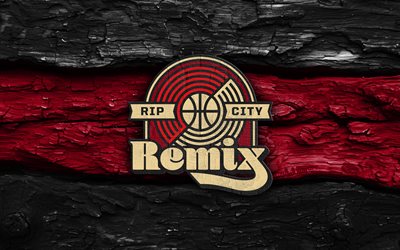 logo in legno rip city remix, 4k, fondo di legno rosso nero, lega g dell'nba, pallacanestro, logo rip city remix, emblema di rip city remix, squadra di basket americana, ripcity remix