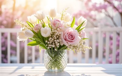 strauß rosen und tulpen, frühlingsstrauß in einer vase, rosa rosen, weiße tulpen, kristallvase, abend, schöner blumenstrauß, rosen, tulpen