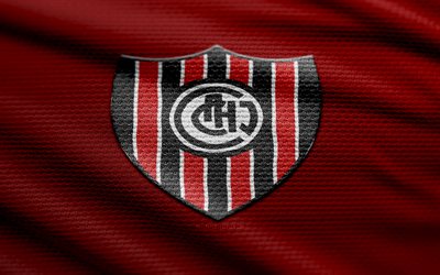 logo en tissu ca chacarita juniors, 4k, fond de tissu rouge, primera nationale, bokeh, football, logo ca chacarita juniors, emblème du ca chacarita juniors, ca chacarita juniors, club de football argentin, chacarita juniors fc