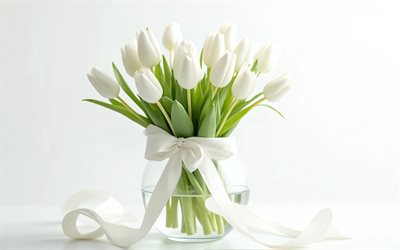 4k, tulipanes blancos, de cerca, minimalismo, florero de cristal, fondo blanco, flores de primavera, ramo de tulipanes, hermosas flores, lazo blanco, primavera, fondo con tulipanes, flores azules, tulipanes
