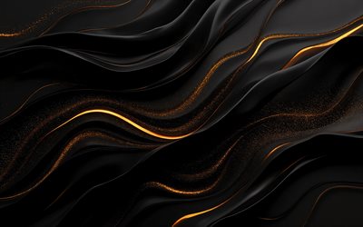 Black waves background with bronze veins, 4K, black waves background, elegant waves background, black 3D waves background, gold lines waves background