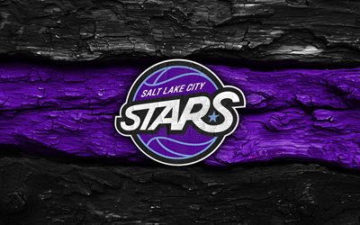 logotipo de madera de salt lake city stars, 4k, fondo de madera violeta negro, liga nba g, baloncesto, logotipo de las estrellas de salt lake city, emblema de las estrellas de salt lake city, equipo de baloncesto americano, estrellas de salt lake city