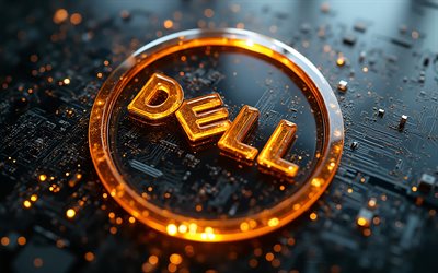 logotipo de cristal dorado de dell, 4k, fondo de tecnología negro, emblema de dell, logotipo 3d dorado de dell, signo de dell, placa base negra, letrero de cristal dorado de dell, logotipo de dell, dell