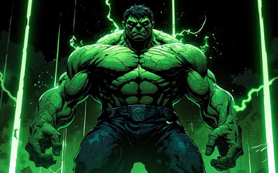 4k, Angry Hulk, artwork, green lightings, superheroes, vector art, Marvel Comics, Hulk, Incredible Hulk, green glare, Hulk art, fan art, Hulk 4K