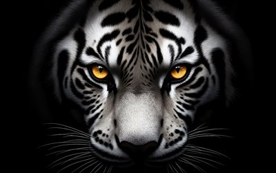 4k, mirada de un depredador, ojos de tigre blanco, depredador, fondo negro, hocico de tigre blanco, cara de tigre, animales salvajes, tigre blanco en la oscuridad, cara de tigre blanco, gatos salvajes, tigres