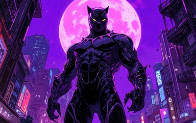 4k, pantera negra, arte de los comics, superhéroes, cómics marvel, luna morada, noche, pantera negra 3d, obra de arte, arte de la pantera negra, anillos de neón morados, fan art, pantera negra 4k
