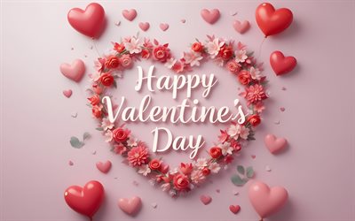 عيد حب سعيد, 4k, تقليلية, إطار زهرة على شكل قلب, تحيات عيد الحب, خلفية وردية, إطار زهور ثلاثي الأبعاد, 14 فبراير, مفاهيم الحب, قلوب ثلاثية الأبعاد ملونة, نقش عيد الحب سعيد