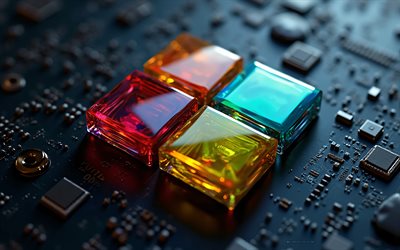 마이크로소프트 3d 컬러 로고, 4k, 윈도우, 마이크로소프트, 기술 배경, 마이크로소프트 로고, 마이크로소프트 사인, 윈도우 11 로고, 마이크로소프트 엠블럼, 3d 유리 windows 로고