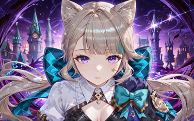 lynette, 4k, castillo, impacto de genshin, fondo abstracto morado, personajes de anime, lynn, netti, lina, personajes de impacto de genshin, impacto de lynette genshin