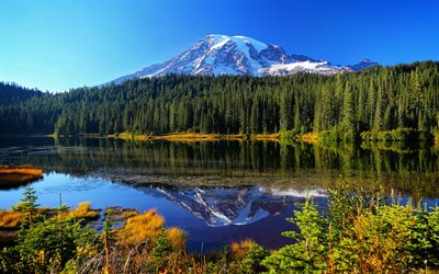 Mount Rainier Ulusal Parkı, yaz, göl, dağ, USA, Amerika