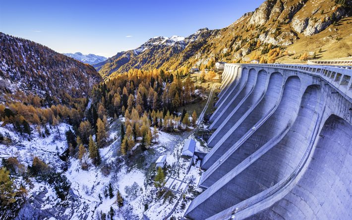 Trentin-haut-Adige, barrage, montagnes, hiver, Canazei, Italie