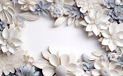 4k, إطار الزهور البيضاء, خلفيات الأزهار البيضاء, إطارات الأزهار, إطار الزهور ثلاثية الأبعاد, إطار مع الزهور, إطارات ثلاثية الأبعاد, خلفية مع الزهور, بطاقات الأزهار, 3d floral frame