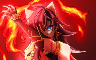 dehya, occhi azzurri, impatto di genshin, fiamme di fuoco, personaggi anime, opera d'arte, personaggi di genshin impact, dehya genshin impact