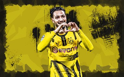 4k, Ramy Bensebaini, yellow grunge background, Borussia Dortmund, Bundesliga, Algerian footballers, Ramy Bensebaini 4K, football, soccer, BVB, BV Borussia 09 Dortmund, Ramy Bensebaini BVB