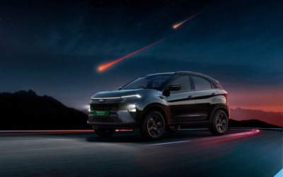 tata nexon ev, 4k, autoroute, 2025 voitures, nuit, feux de signalisation, voitures électriques, 2025 tata nexon ev, voitures indiennes, tata