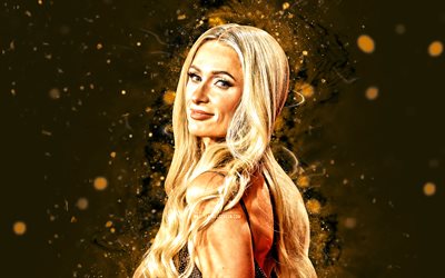 Paris Hilton, 4k, yellow neon lights, american actress, movie stars, Hollywood, beauty, american celebrity, popular actress, Paris Hilton 4K