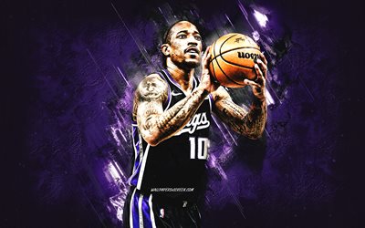 demar derozan, sacramento kings, giocatore di basket americano, sfondo di pietra viola, grunge art, nba, usa, pallacanestro, demar darnell derozan
