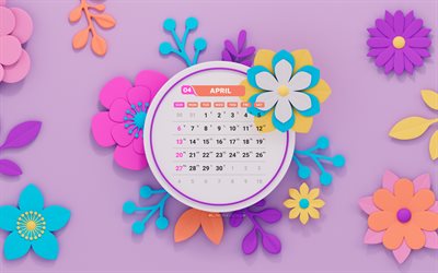 4k, calendrier avril 2025 avril, fleurs 3d abstraites, avril 2025, horizons violets, calendriers de printemps, calendrier avril 2025, cadres floraux, 2025 concepts, calendriers d'avril, calendriers 2025, avril
