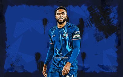 4k, Reece James, blue grunge background, Chelsea FC, Premier League, english footballers, Reece James 4K, football, soccer, Reece James Chelsea
