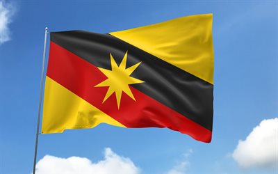 Sarawak flag on flagpole, 4K, Malaysian states, blue sky, flag of Sarawak, wavy satin flags, Sarawak flag, states of Sarawak, flagpole with flags, Day of Sarawak, Malaysia, Sarawak