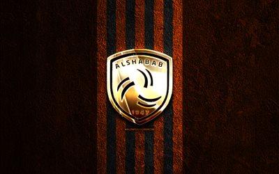 Al Shabab FC golden logo, 4k, red stone background, Saudi Professional League, Saudi football club, Al Shabab FC logo, football, Al Shabab FC emblem, Al Shabab FC, soccer, Al-Shabab FC, Al Shabab
