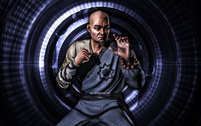 moine de lotus blanc, 4k, fond en spirale bleu, mortal kombat mobile, créatif, kombat mortel, white lotus monk mk mobile, personnages mortels de kombat