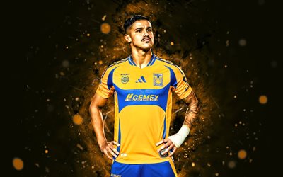 Romulo Zwarg, 4k, orange neon lights, Tigres UANL, Liga MX, Brazilian footballers, Romulo Zwarg 4K, football, soccer, Romulo Zwarg Tigres, Tigres FC, Romulo