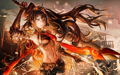dehya, spada, impatto di genshin, fiamme di fuoco, occhio blu, personaggi anime, opera d'arte, personaggi di genshin impact, battaglia, dehya genshin impact
