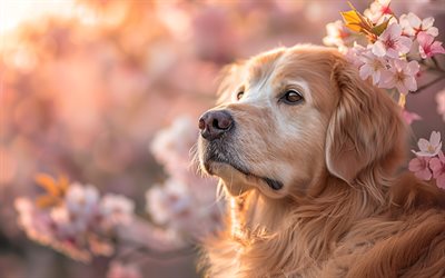 golden retriever, flor de cerezo, labrador, primavera, noche, atardecer, sakura, perros, animales lindos, mascotas