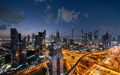 dubai, sera, tramonto, burj khalifa, grattacieli, burj dubai, edifici moderni, dubai skyline, paesaggio urbano di dubai, emirati, emirati arabi uniti