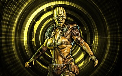 misérable dvorah, 4k, fond en spirale jaune, mortal kombat mobile, créatif, kombat mortel, misérable dvorah mk mobile, personnages mortels de kombat