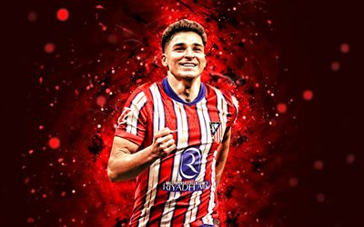 4k, julian álvarez, fondo abstracto rojo, atlético de madrid fc, la liga, futbolistas argentinos, luces de neón rojo, julian álvarez 4k, fútbol americano, fútbol, julian alvarez atlético de madrid, laliga