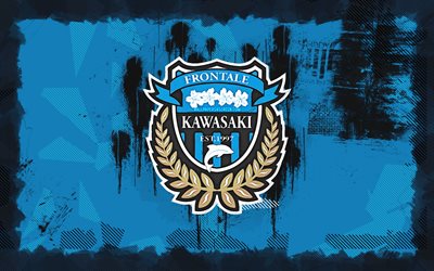 logo kawasaki frontale grunge, 4k, j1 league, sfondo blu grunge, calcio, emblema di kawasaki frontale, logo kawasaki frontale, kawasaki frontale, club di calcio giapponese, kawasaki frontale fc