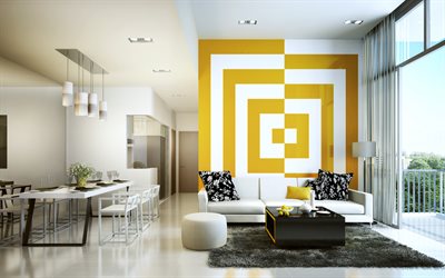 living room, modern design, modern interior, squares on wall