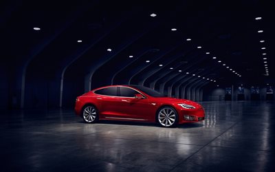los coches eléctricos, 2016, Tesla Model S, P90D, rojo Tesla