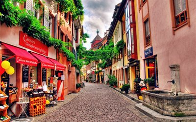 city streets, small shops, pavement, Switzerland, Houses, HDR