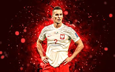 Arkadiusz Milik, 4k, red neon lights, Poland National Football Team, soccer, footballers, red abstract background, Polish football team, Arkadiusz Milik 4K