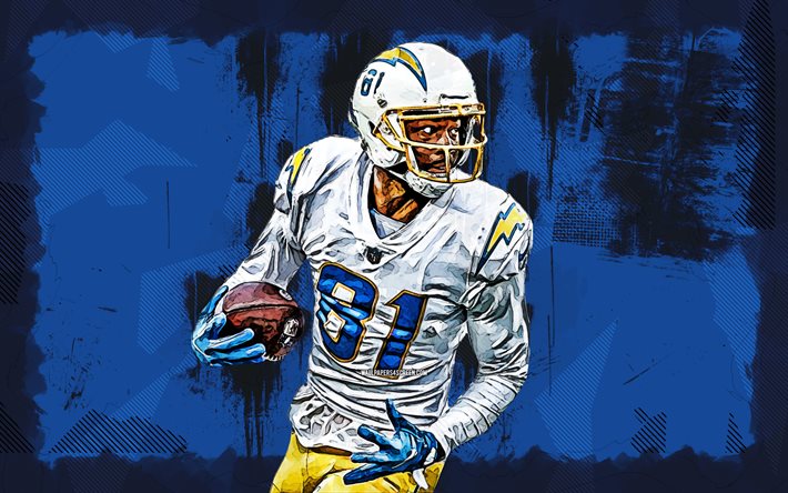 4k, Mike Williams, grunge art, Los Angeles Chargers, NFL, american football, Mike Williams 4K, The Chargers, blue grunge background, LA Chargers, Mike Williams Los Angeles Chargers