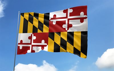 Maryland flag on flagpole, 4K, american states, blue sky, flag of Maryland, wavy satin flags, Maryland flag, US States, flagpole with flags, United States, Day of Maryland, USA, Maryland