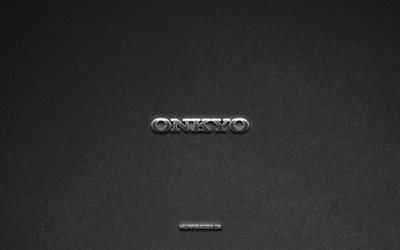 Onkyo logo, brands, gray stone background, Onkyo emblem, popular logos, Onkyo, metal signs, Onkyo metal logo, stone texture