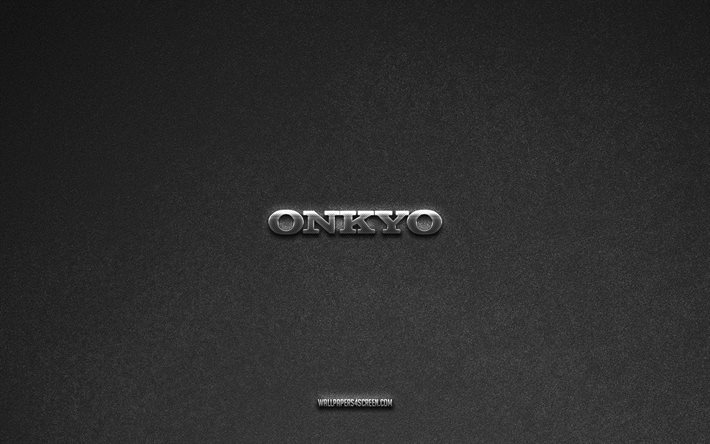 il logo di onkyo, marche, sfondo di pietra grigia, emblema di onkyo, loghi popolari, onkyo, segni di metallo, logo onkyo in metallo, trama di pietra